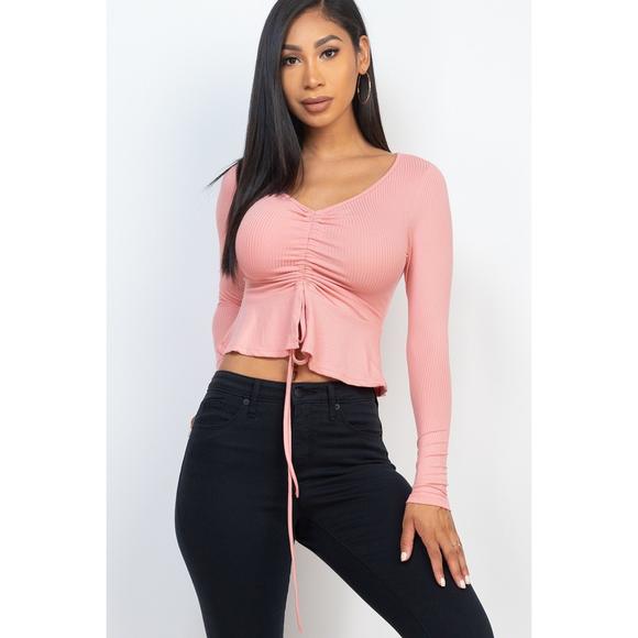 Rachell`s Boutique Tops - Ribbed Drawstring Front Long Sleeve Peplum Top